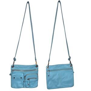 Fossil Light Blue Cowhide Leather Crossbody Bag Pockets Zipper Closure